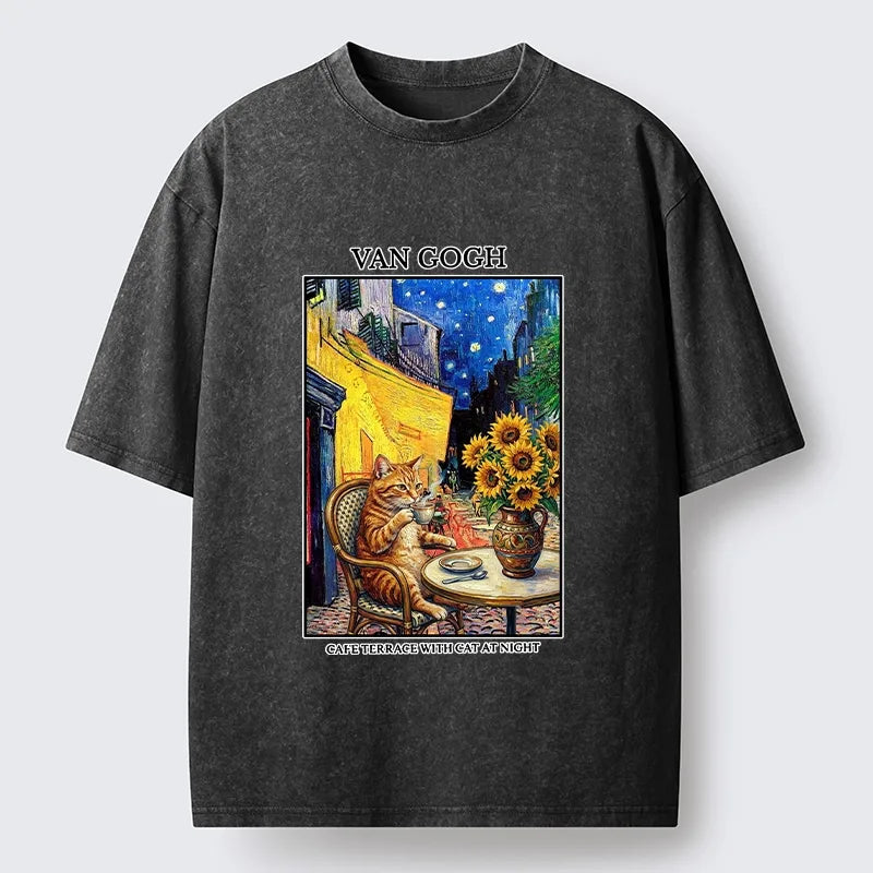 Kyoto-Lion Van Gogh Cafe Cat Washed T-Shirt