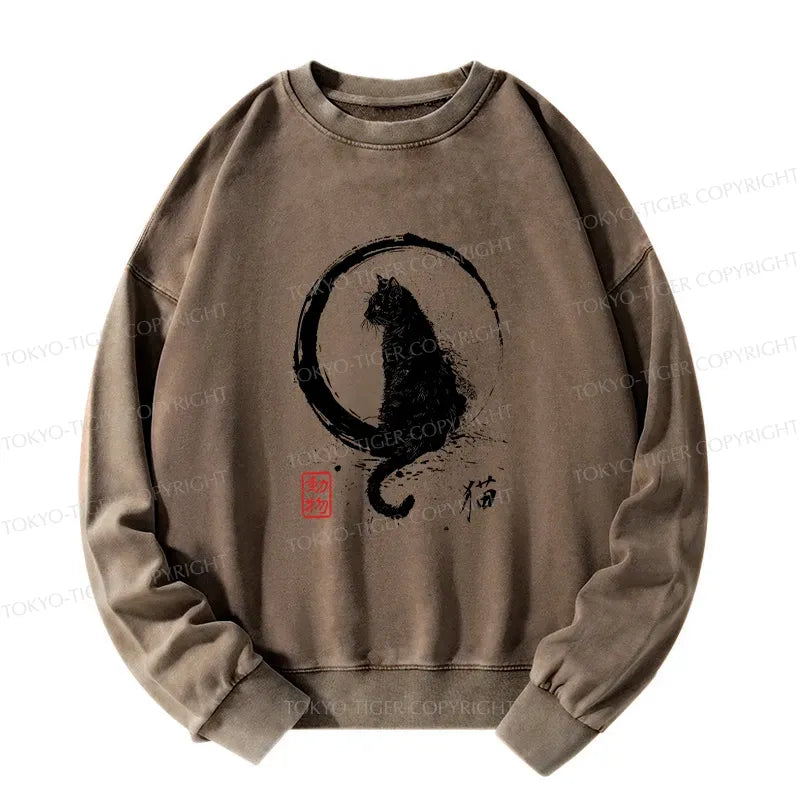 Kyoto-Lion Retro Japanese Black Cat Washed Sweatshirt