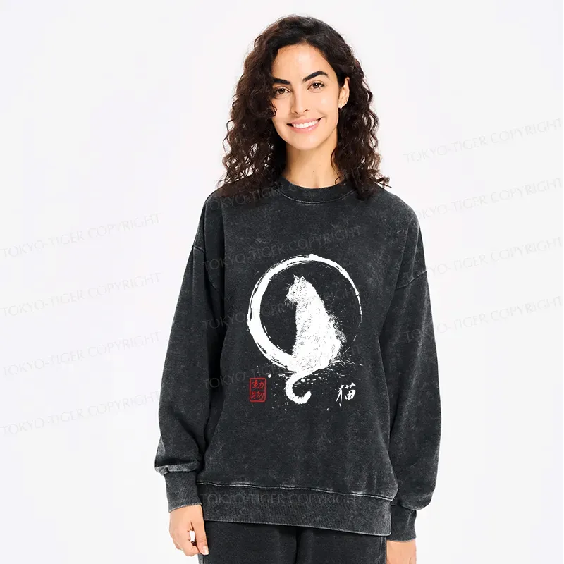 Kyoto-Lion Retro Japanese Black Cat Washed Sweatshirt