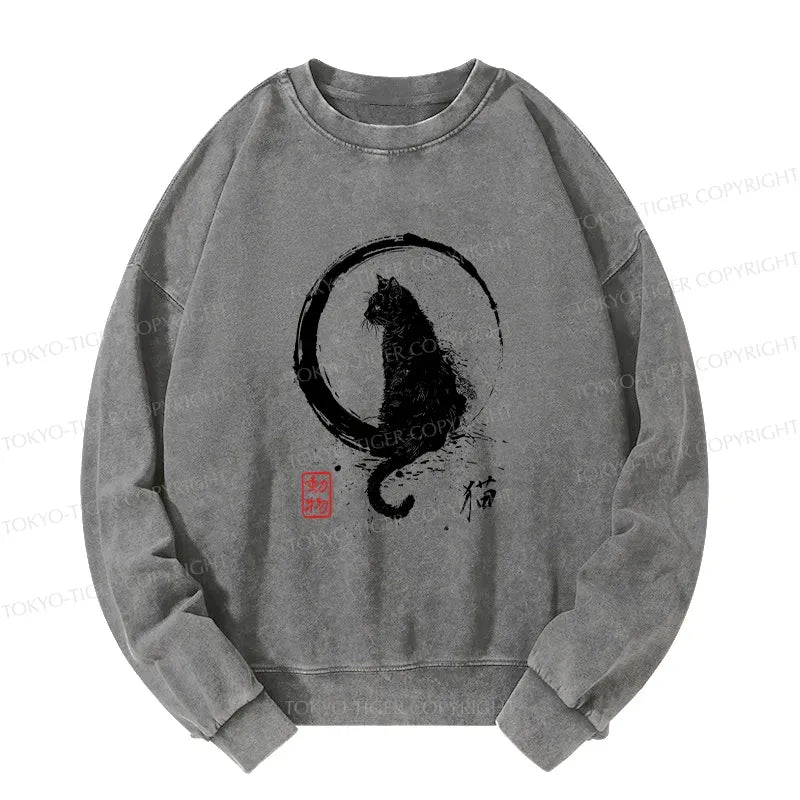 Kyoto-Lion Retro Japanese Black Cat Washed Sweatshirt