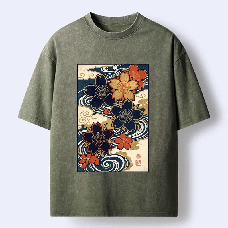 Kyoto-Lion Vintage Ukiyo Sakura Blossom Wave Art Washed T-Shirt