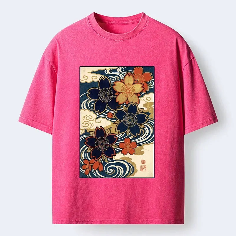 Kyoto-Lion Vintage Ukiyo Sakura Blossom Wave Art Washed T-Shirt