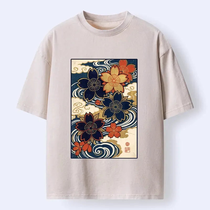 Kyoto-Lion Vintage Ukiyo Sakura Blossom Wave Art Washed T-Shirt