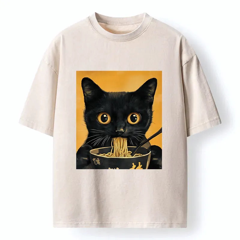 Kyoto-Lion Cute Black Cat Eating A Big Bowl Of Ramen Washed T-Shirt