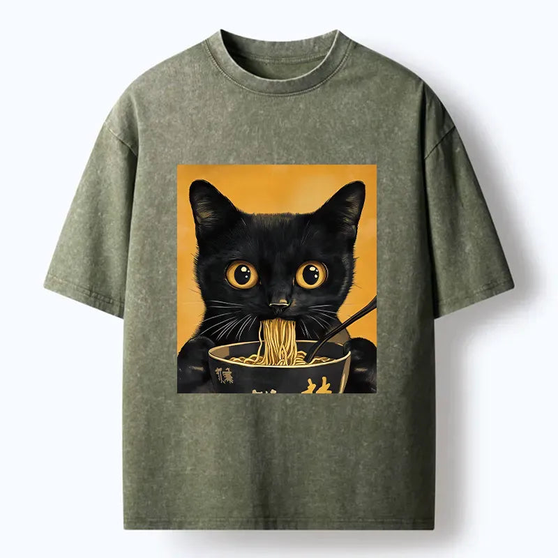 Cute black cat ramen washed tee