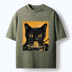 Cute black cat ramen washed tee