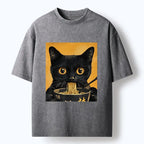 Kyoto-Lion Cute Black Cat Eating A Big Bowl Of Ramen Washed T-Shirt
