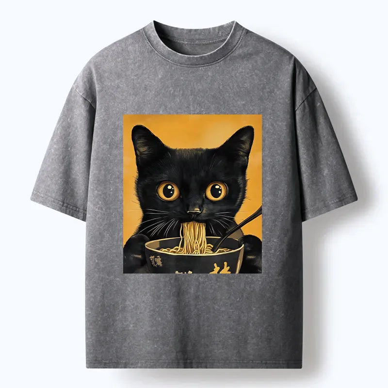Kyoto-Lion Cute Black Cat Eating A Big Bowl Of Ramen Washed T-Shirt