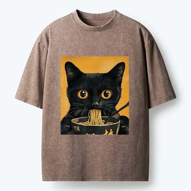 Cute black cat ramen washed tee