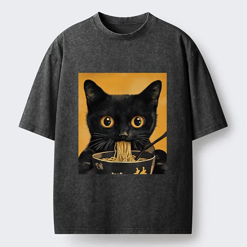Kyoto-Lion Cute Black Cat Eating A Big Bowl Of Ramen Washed T-Shirt