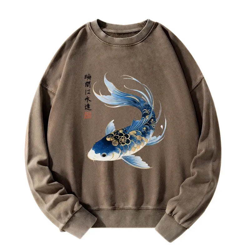 Kyoto-Lion Elegant Koi Fish Watercolor Art Washed Sweatshirt