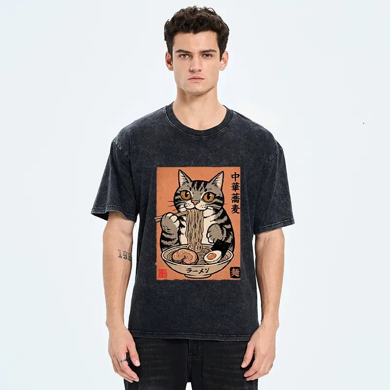 Tokyo?Tiger Tanuki Eating Ramen Washed T-Shirt