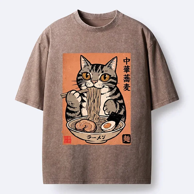 Tokyo?Tiger Tanuki Eating Ramen Washed T-Shirt