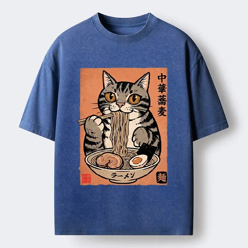 Tokyo?Tiger Tanuki Eating Ramen Washed T-Shirt