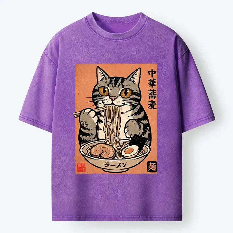 Tokyo?Tiger Tanuki Eating Ramen Washed T-Shirt