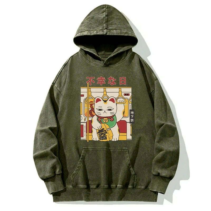 Kyoto-Lion Lucky Cat Who Doesn't Want To Work Washed Hoodie