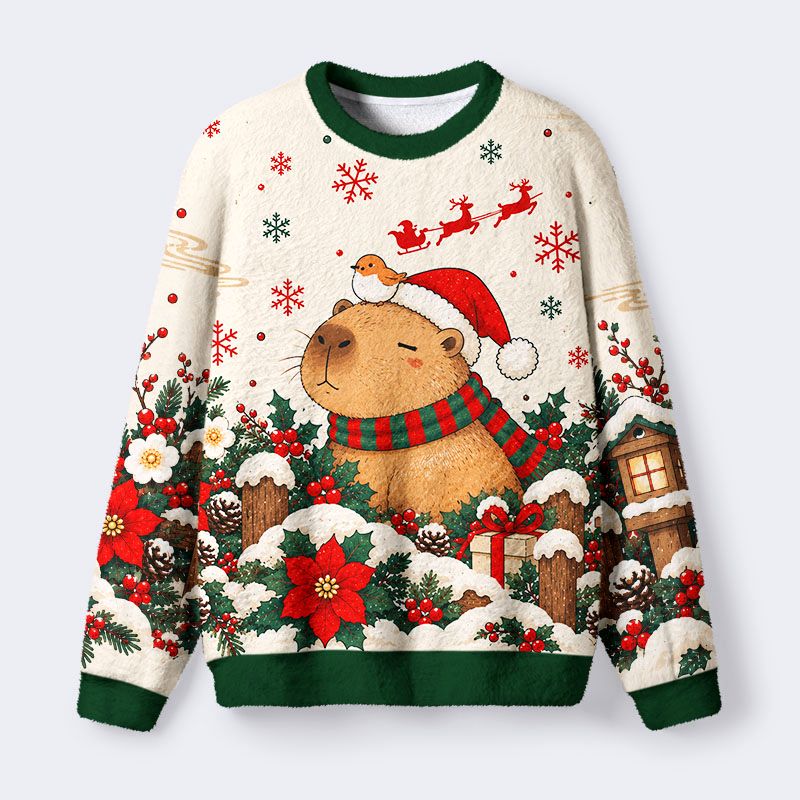 Kyoto-Lion Bird And Capybara Fuzzy Christmas Ugly Sweatshirt
