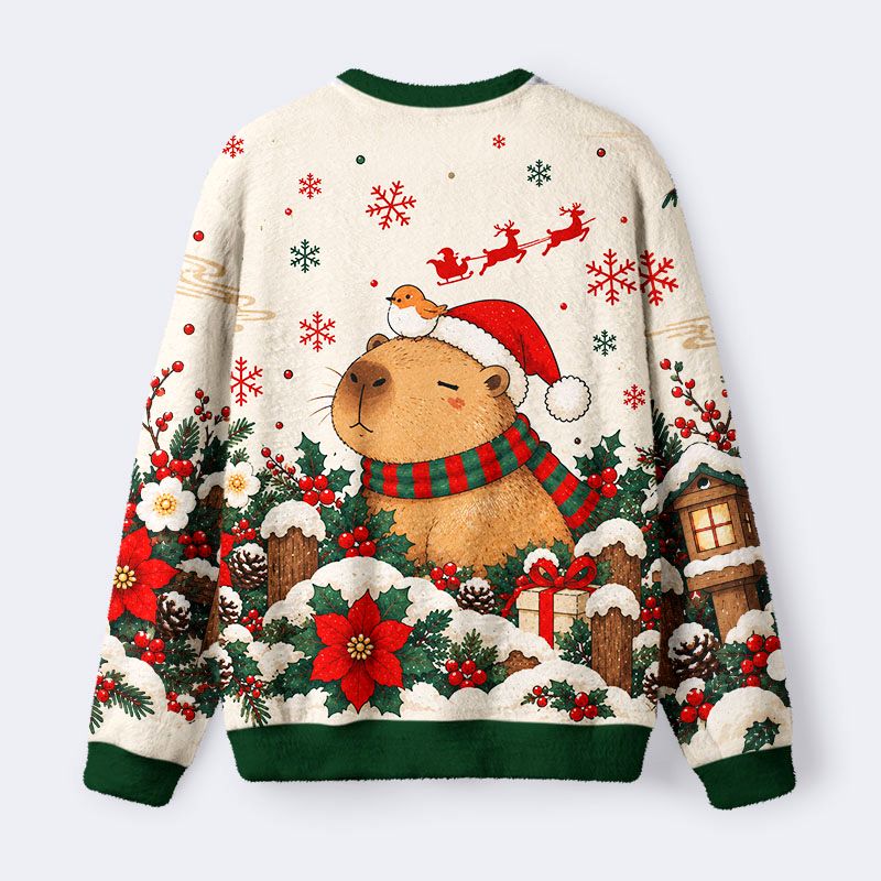 Kyoto-Lion Bird And Capybara Fuzzy Christmas Ugly Sweatshirt