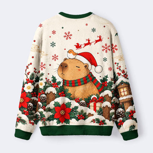 Kyoto-Lion Bird And Capybara Fuzzy Christmas Ugly Sweatshirt