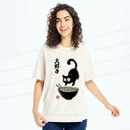 Kyoto-Lion Retro Cat Eats Delicious Ramen Washed T-Shirt