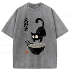 Kyoto-Lion Retro Cat Eats Delicious Ramen Washed T-Shirt
