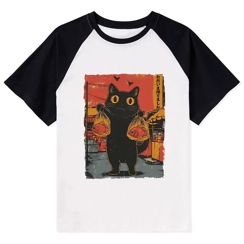 Kyoto-Lion Cat Fishing Japanese Raglan T-shirt