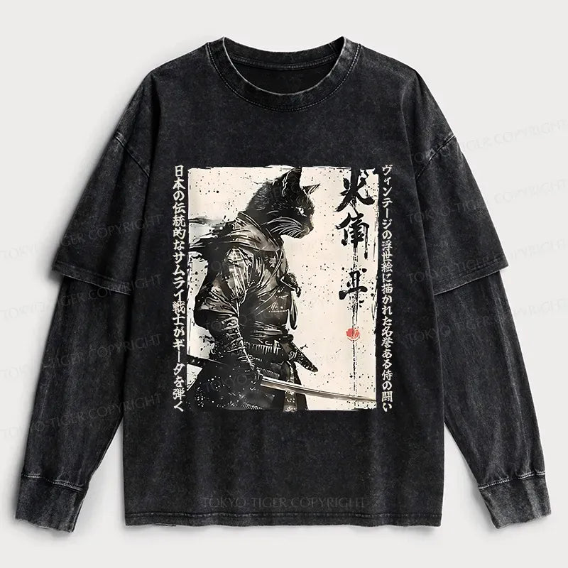 Kyoto-Lion Cat Samurai Retro Washed Double Layer T-Shirt
