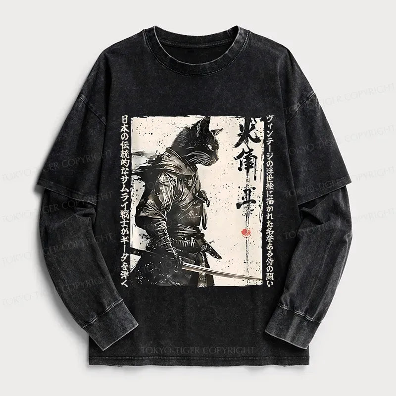 Kyoto-Lion Cat Samurai Retro Washed Double Layer T-Shirt
