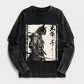Kyoto-Lion Cat Samurai Retro Washed Double Layer T-Shirt