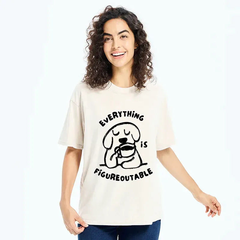 Kyoto-Lion Dog Drinking Coffee Washed T-Shirt