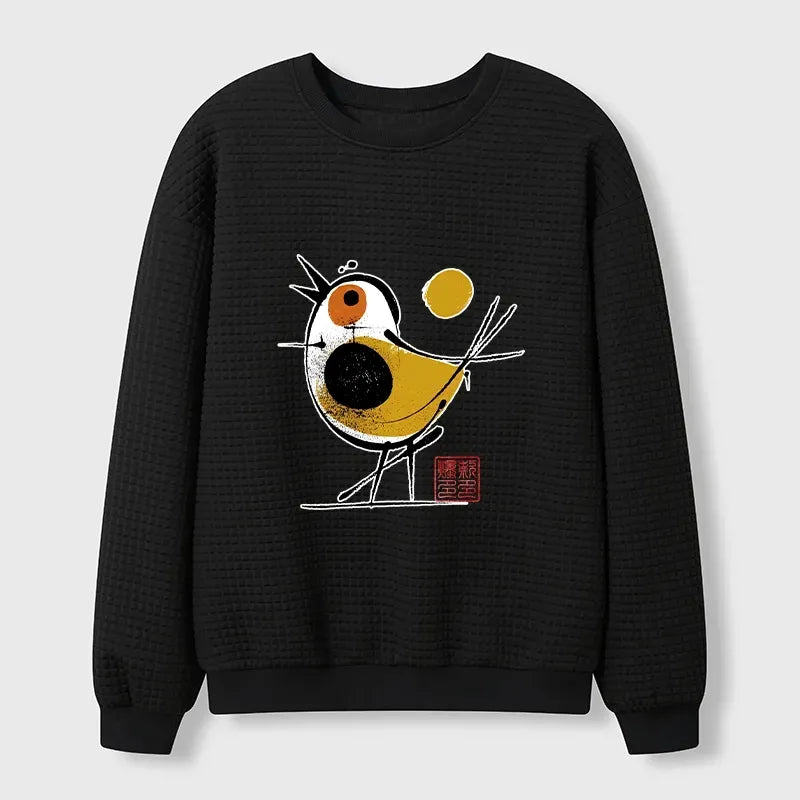 Kyoto-Lion Aesthetic Yellow And Black Bird Waffle Sweatshirt