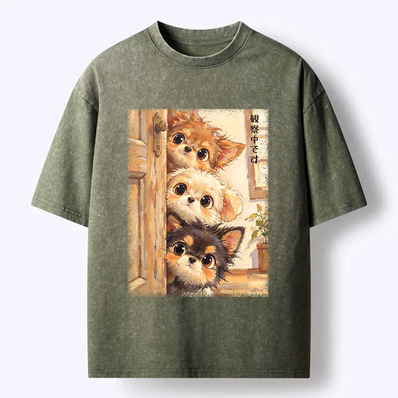 Kyoto-Lion Puppies Are Peeking At You Washed T-Shirt