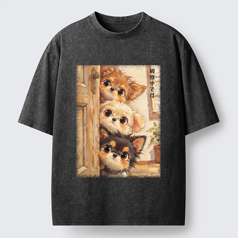 Kyoto-Lion Puppies Are Peeking At You Washed T-Shirt