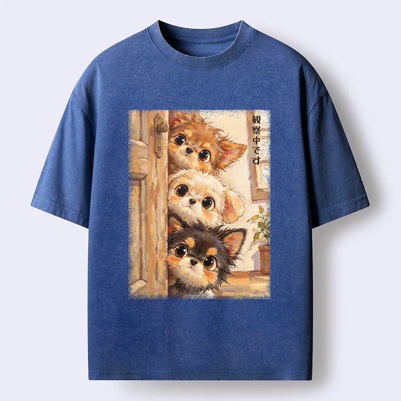 Kyoto-Lion Puppies Are Peeking At You Washed T-Shirt