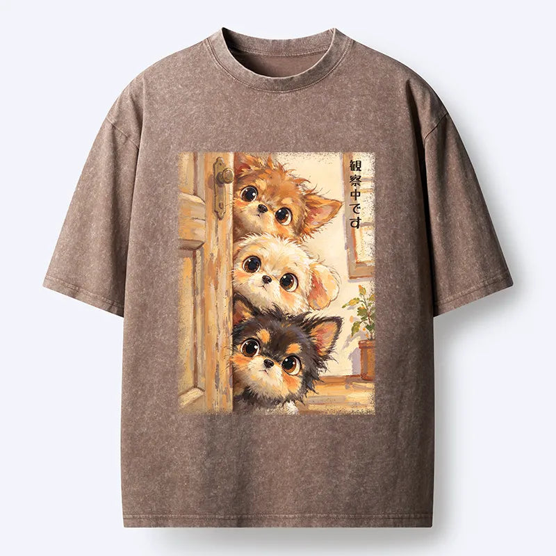 Kyoto-Lion Puppies Are Peeking At You Washed T-Shirt
