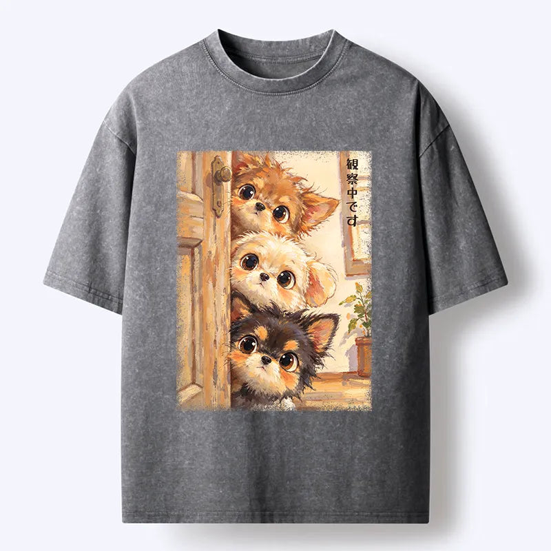 Kyoto-Lion Puppies Are Peeking At You Washed T-Shirt