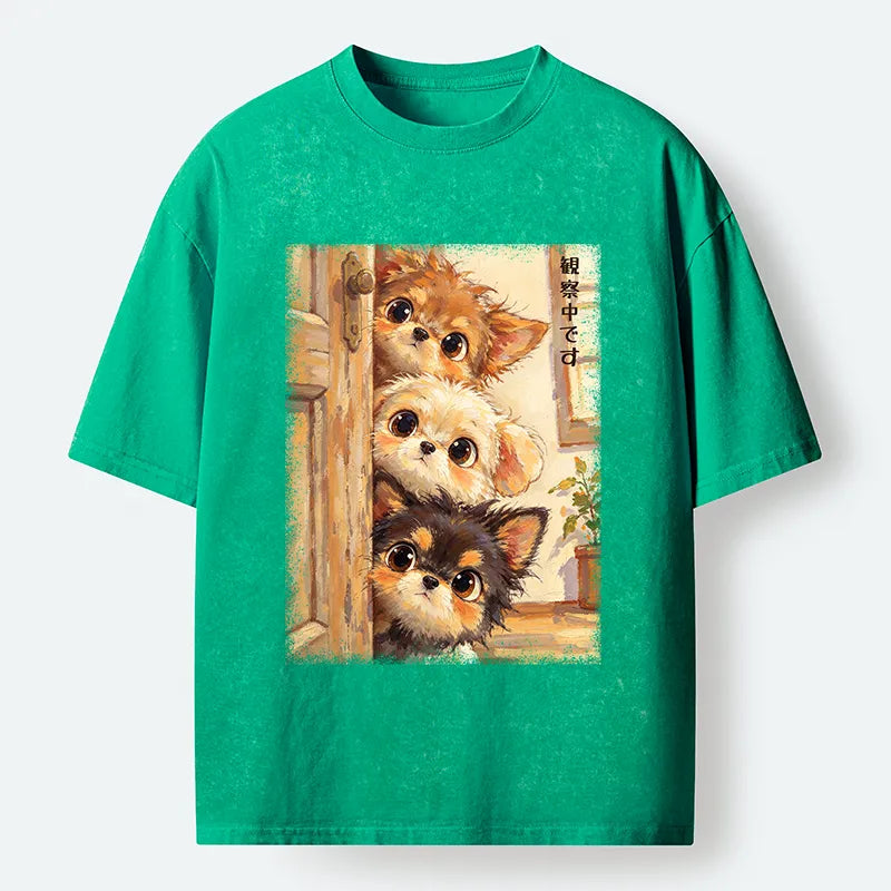 Kyoto-Lion Puppies Are Peeking At You Washed T-Shirt