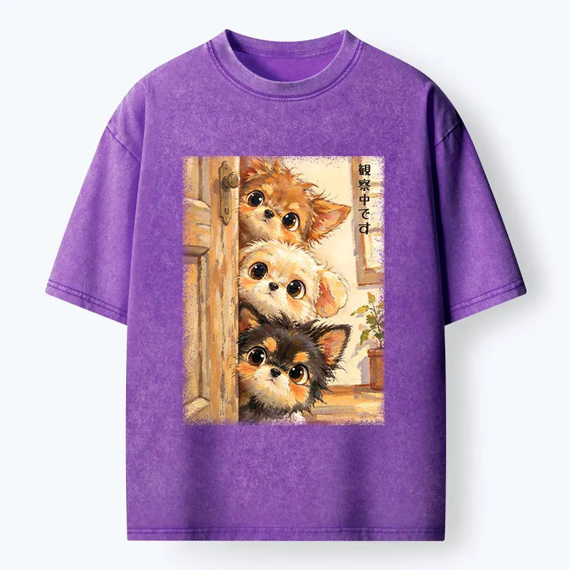 Kyoto-Lion Puppies Are Peeking At You Washed T-Shirt