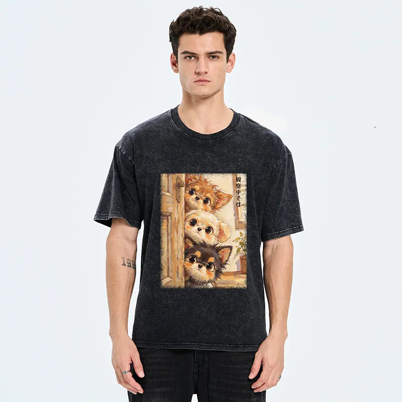 Kyoto-Lion Puppies Are Peeking At You Washed T-Shirt