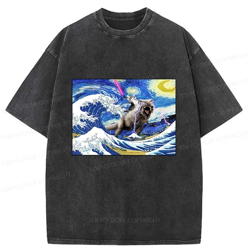Japanese cat riding dinosaur surf t-shirt