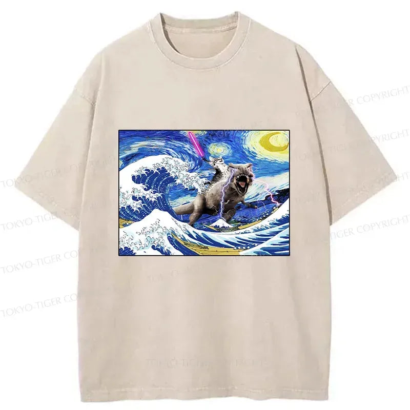 Japanese cat riding dinosaur surf t-shirt