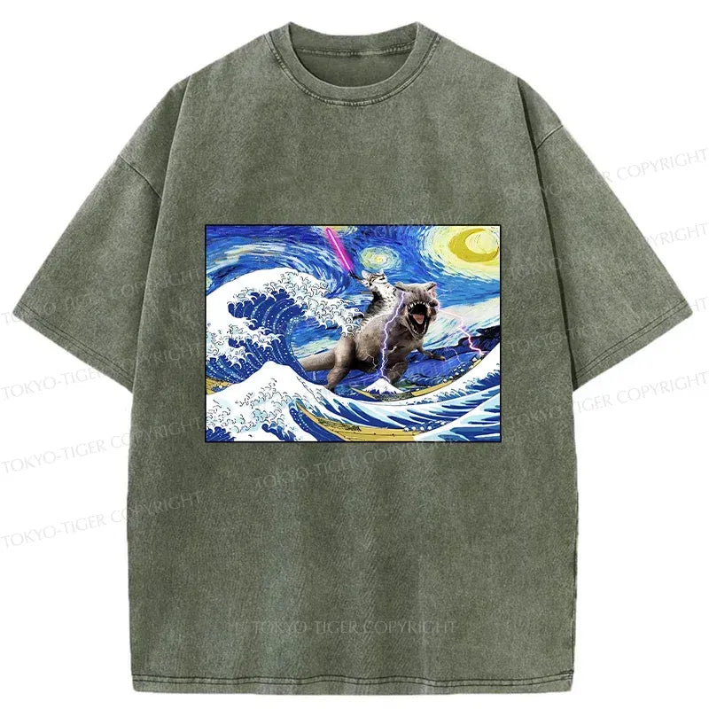 funny cat surfing dinosaur tee for men