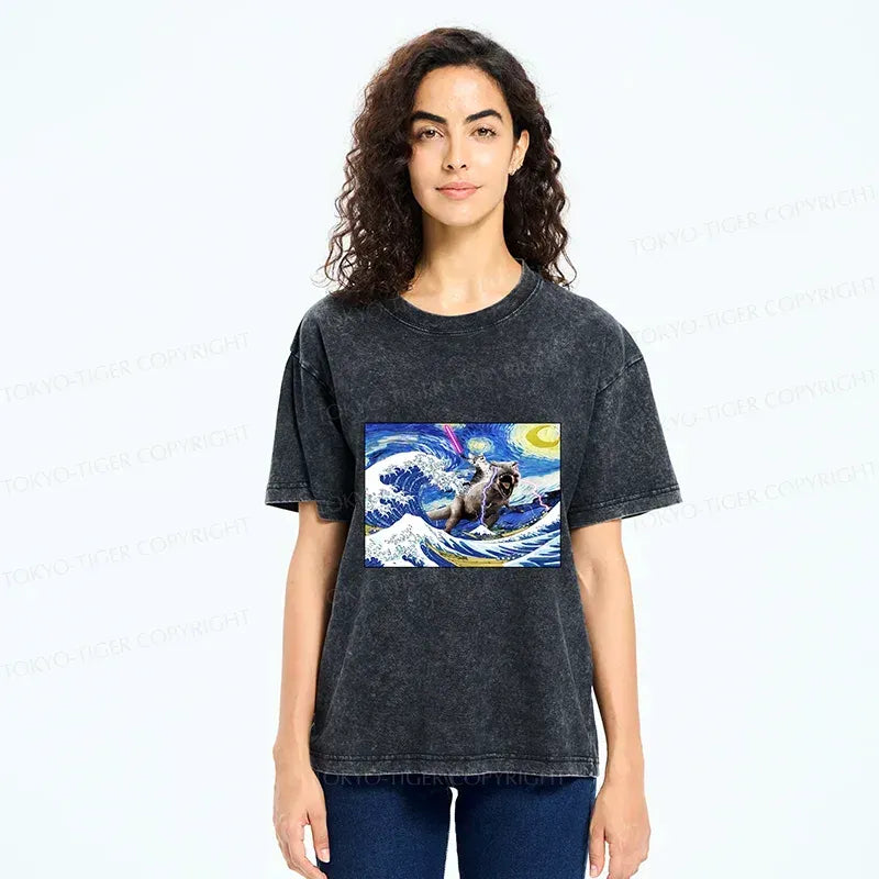 Kyoto-Lion Cat Riding A Dinosaur In The Surf Washed T-Shirt