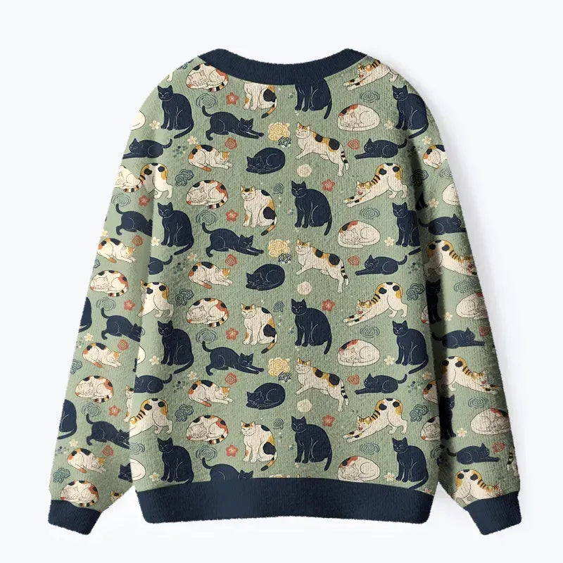 Kyoto-Lion Playing Cats Ugly Cardigan Sweater