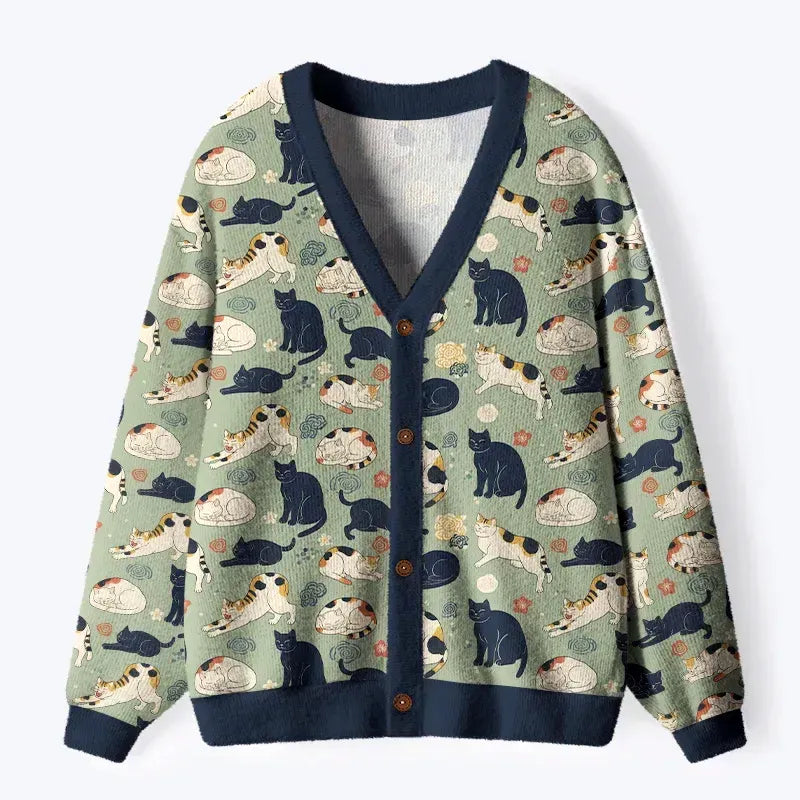 Kyoto-Lion Playing Cats Ugly Cardigan Sweater