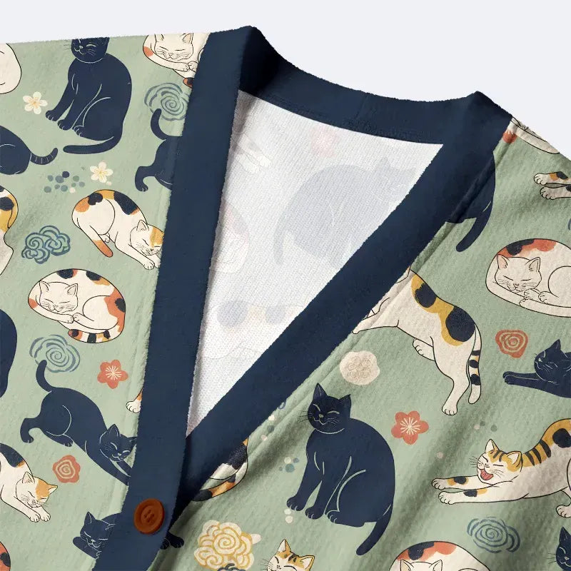 Kyoto-Lion Playing Cats Ugly Cardigan Sweater