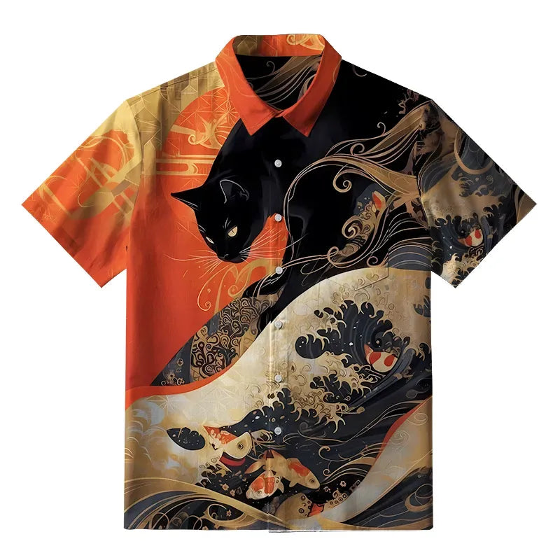 Kyoto-Lion Koi Wave Under The Black Cat Button-up Shirt