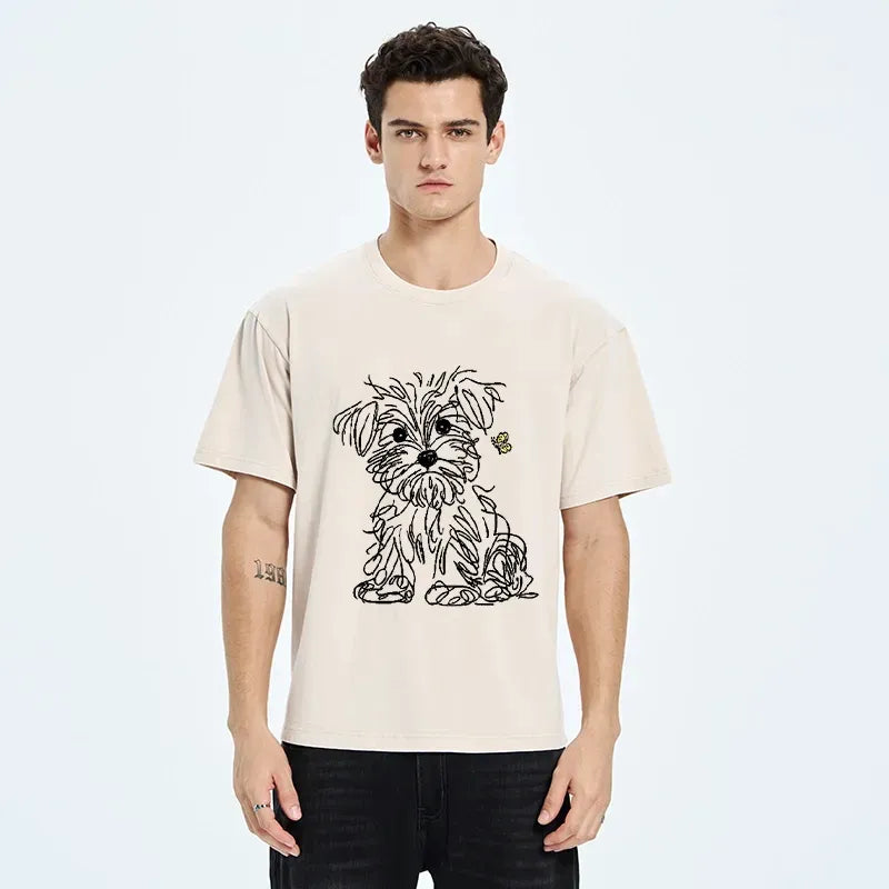 Kyoto-Lion Simple Line Dog Tiny Butterfly Washed T-Shirt