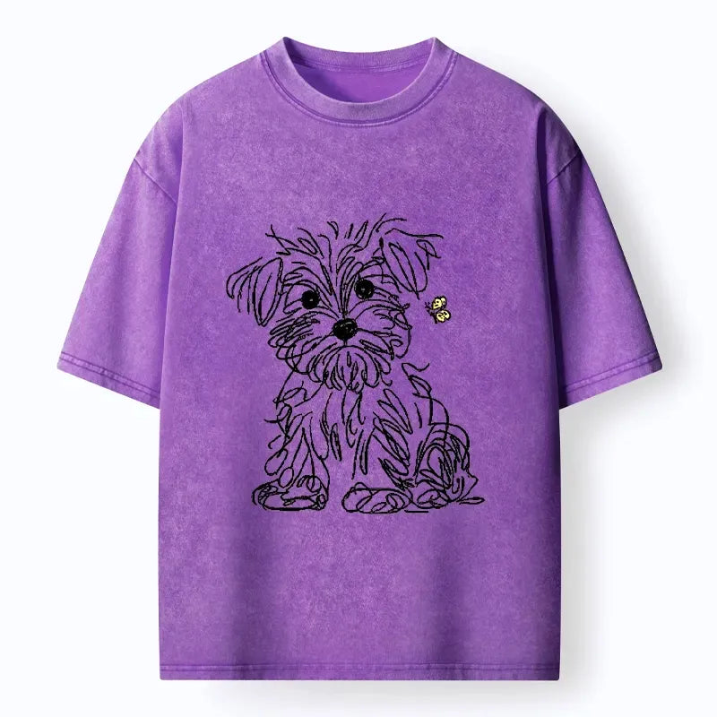 Kyoto-Lion Simple Line Dog Tiny Butterfly Washed T-Shirt