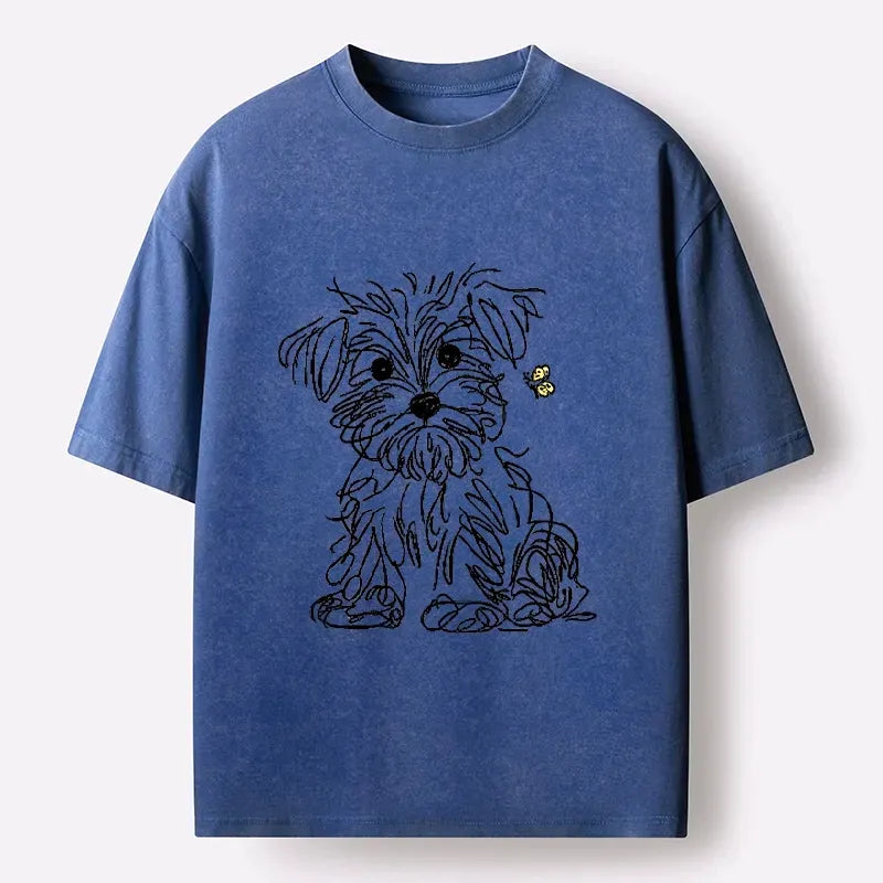 Kyoto-Lion Simple Line Dog Tiny Butterfly Washed T-Shirt